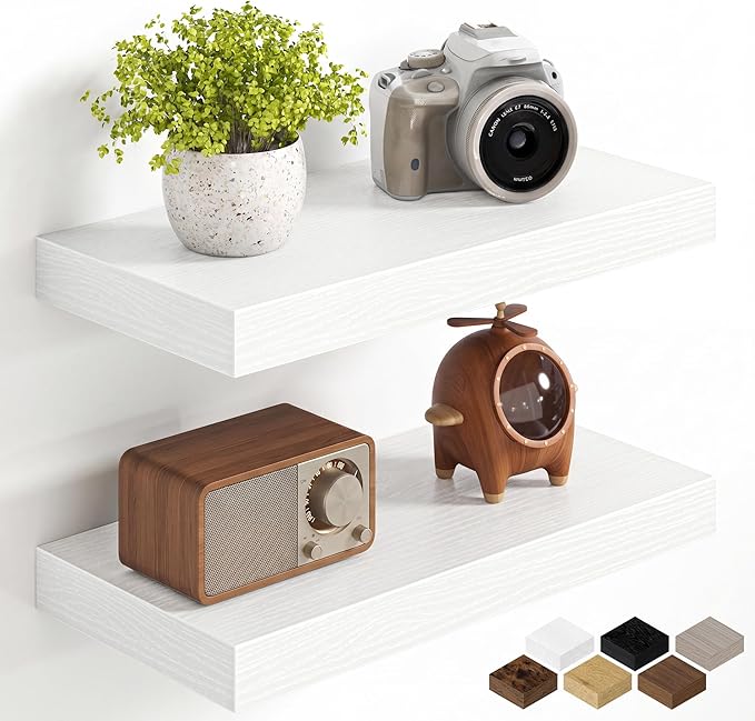 Fun Memories 16Inch Floating Shelves for Wall, 8 Inch Deep Shelves for Bathroom|Bedroom|Kitchen Wall Mounted, Wood Hanging Shelf with Invisible Brackets for Home Storage Decor, White - 2 Pack