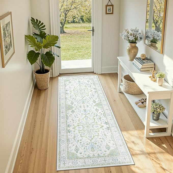 RELEANY Area Rugs 2'x5' Runner Rug Non Slip Washable for Kitchen Hallway Bedroom Beside Laundry Room Bathroom Rug, Floor Carpet, Green White Blue