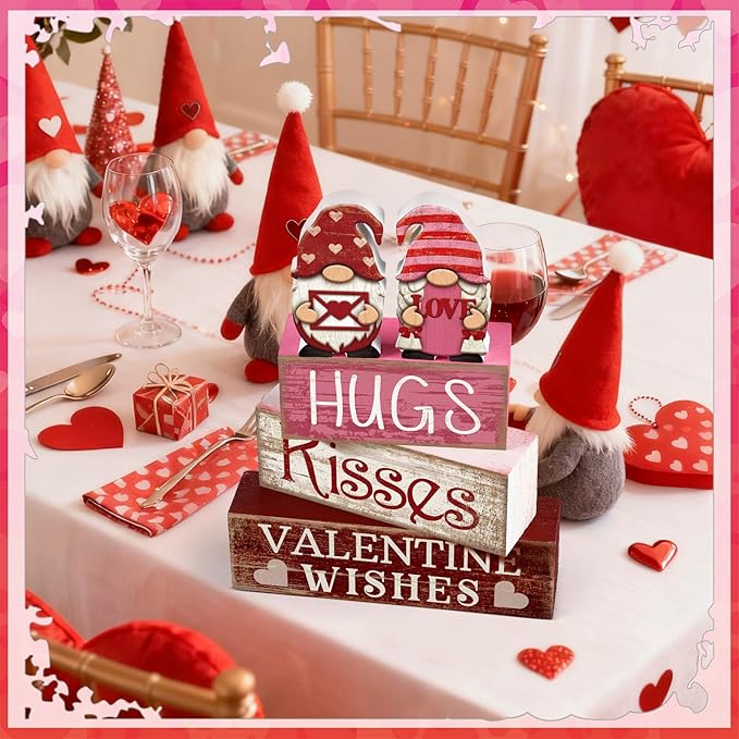 Lineshading 4 Pcs Valentine Day Table Decoration Pink Gnomes Valentine Centerpiece Valentine's Day Tiered Tray Decor Rustic Wooden Gnomes Heart Block Signs Red Pink White Valentines Decor for Home