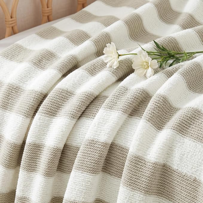 WRENSONGE Soft Throw Blanket for Couch-Cozy Reversible Knitted Blankets | Lightweight Warm Fluffy Decor for Women, Mom, Her & Girls, Sofa, Chair, Bed, 50x70in, Feather Yarn Khaki