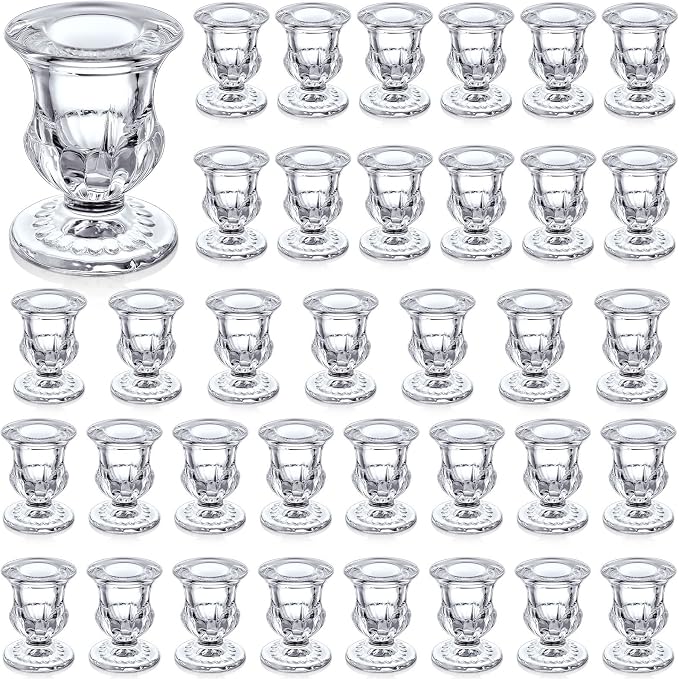 36 Pcs Clear Glass Candlestick Holders Taper Candle Holder Bulk 2.5 Inch Candle Stick Holder for Table Centerpiece Mantel Wedding Housewarming Gift Rustic Vintage Valentines Dinning Decoration (Clear)