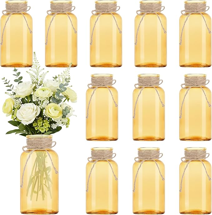 Vintage Glass Flower Vase, Farmhouse Glass Centerpiece Vases Mason Jars for Weddings, Parties & Home Decor Bulk (12, Gold)
