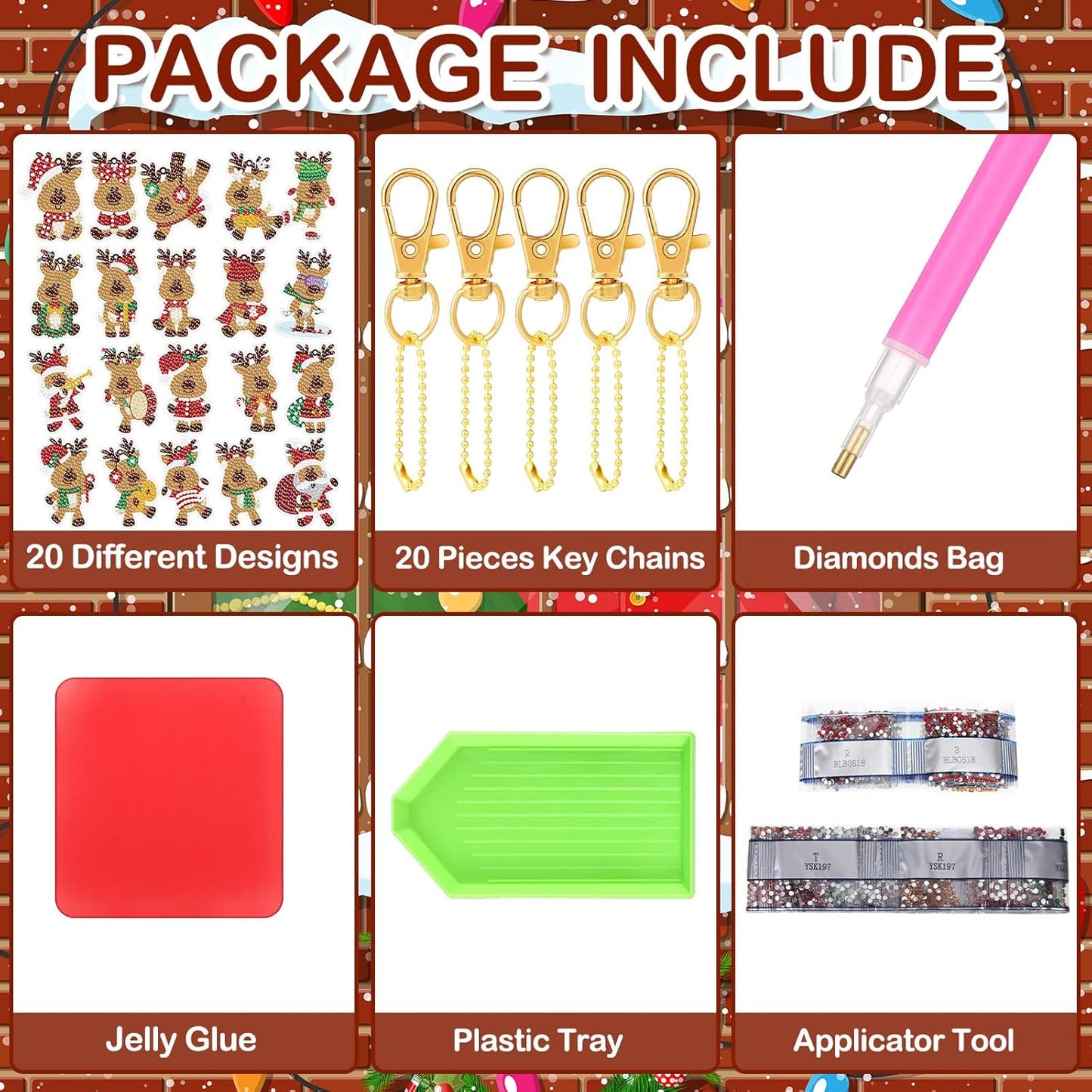 Tondiamo 20 Pcs Christmas Diamond Painting Keychain Kits 5D DIY Diamond Art Pendants Double Sided Hanging Key Chains for Christmas Party Decoration DIY(Deer Style)