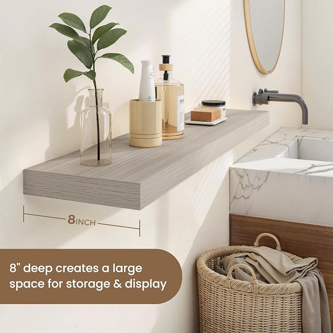 Dreamland 55 Inches Floating Shelves for Wall, 8" Deep Long Floating Shelves Set of 1, Large Display & Storage Shelf, Wall Shelf for Bathroom Bedroom Living Room Kitchen Office, Grey