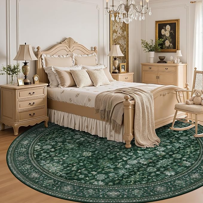Round Area Rug for Living Room: 8 ft Washable Vintage Boho Soft Thin Circle Rug Indoor Floor No Slip Stain Resistant Carpet for Bedroom Dining Room Farmhouse Nursery Home Office -Deep Green