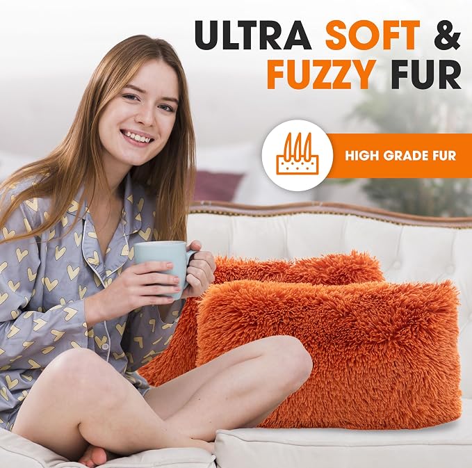 Cheer Collection Fall Decorative Throw Pillows for Couch – Set of 2 Shaggy Fall Pillows for Couch, Cozy Fall Couch Pillows for Living Room or Bed, Soft Accent Pillows, 12" x 20" - Rust Orange