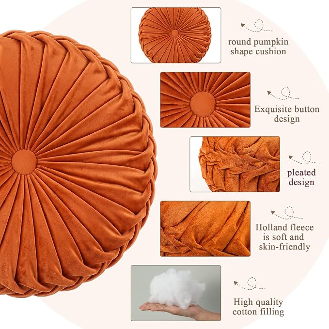 Drydiet 1 Pcs Round Throw Velvet Pillows Decorative Pleated Throw Pillows 18'' Diameter Accent Pumpkin Boho Chair Cushion for Couch Sofa Home Decoration (Brunt Orange)