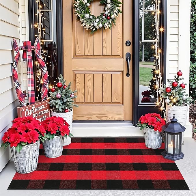 OLANLY Buffalo Plaid Rug 2'4" x 3'7" (27.5" x 43") – Red and Black Cotton Checkered Doormat, Washable Indoor Outdoor Rug for Layered Front Porch, Kitchen, Entryway Decor
