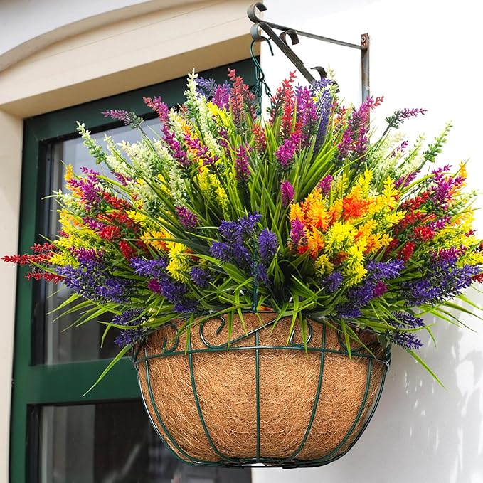 Grunyia Artificial Lavender Plants with Mixed Color Flowers, 20 Bundles, Outdoor Decorative Grass