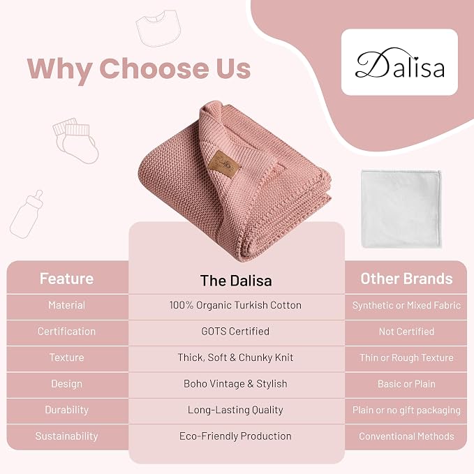 Dalisa 100% Organic Turkish Cotton Throw Blanket – GOTS Certified, Cozy, with Reusable Cotton Gift Bag – Perfect for Couch, Bed, and Home Decor – Boho Vintage Knit Alina (Pink, 80x90)