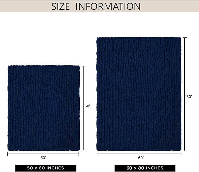 Chunky Knit Throw Blanket 50x60, 100% Handmade Chenille Yarn | 4.4lbs Soft Thick Cable Knitted Blankets, Large Rope Knot Crochet Throws for Couch Sofa Bed Machine Washable, Navy Blue