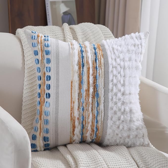 Boho Throw pillow covers 18x18 set of 2 farmhouse decorative Couch pillow covers neutral Accent throw pillows covers striped outdoor cushion covers square textured chenille pillow cases for sofa bed
