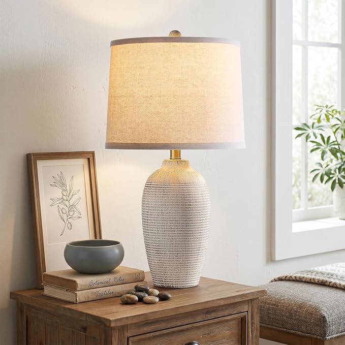 AIEAMPDO 25" Vintage Ceramic Table Lamp for Bedroom Living Room | Bedside Lamp with Linen Drum Shade, Neutral Modern Farmhouse Rustic Desk Lamp for Nightstand End Table, Bulb Included
