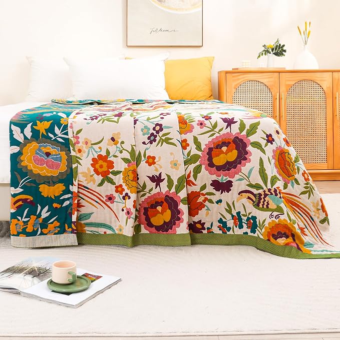 Boho Throw Blanket for Bed Couch Sofa,100% Cotton Ultra Soft Large Throw Blanket,Floral Bird Decor Bed Blankets 60"×80",Decorative Reversible Muslin Bed Cover for All Seasons