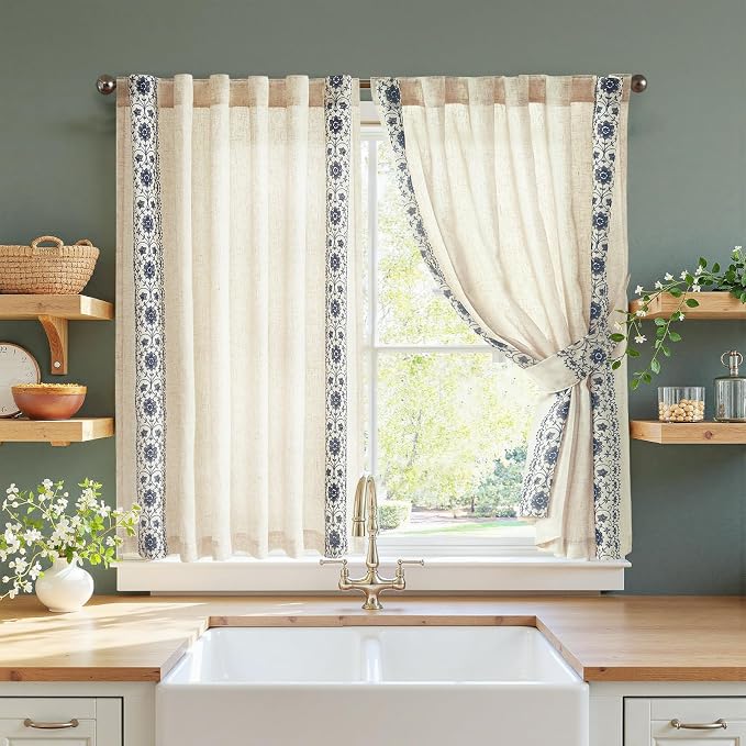 jinchan Small Window Curtains 54 Inch Length Linen Cafe Curtains for Kitchen Bathroom Floral Embroidered Short Drapes Rustic Farmhouse Light Filtering Curtain Set 2 Panels Blue on Beige