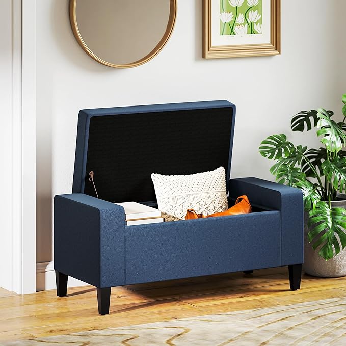 HOMCOM 36" Ottoman with Storage, Storage Ottoman Bench with Lift Top and Rubberwood Legs, Linen Upholstered Entryway Seat with for Living Room, Bedroom, Holds up to 330 lb, Dark Blue