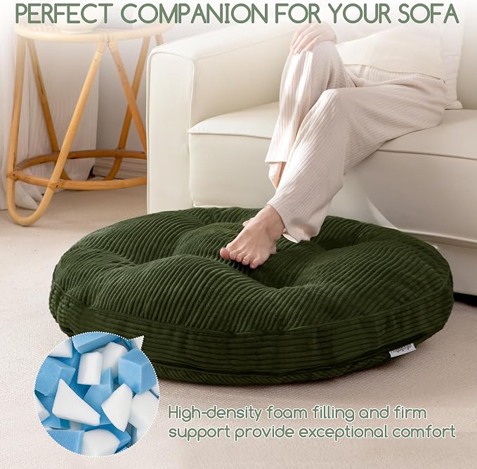 HIGOGOGO 35" Floor Pillow Cushion for Adults, Meditation Cushion Pillow, Extra Large Square Floor Sitting, Tufted Corduroy Cover for Tatami Living Room or Yoga, Dark Green