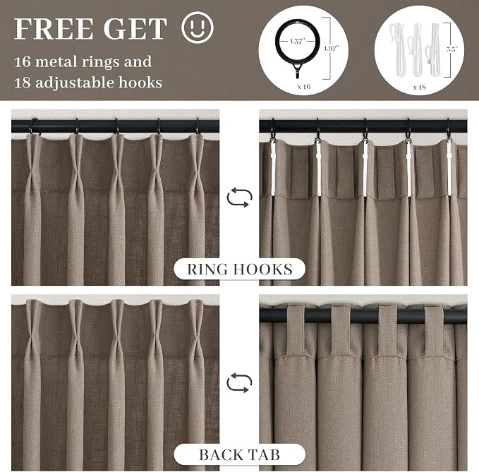 108 Inch Long Curtains Pinch Pleated Curtains for Living Room 2 Panels Extra Long Rustic Dark Thick Linen Textured Light Filtering Semi Sheer Pinch Pleat Window Curtain Drapes for Bedroom Dining Room