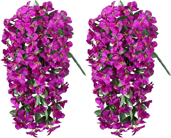 INXUGAO 2 pcs Artificial Faux Bougainvillea Flowers Plants for Outdoor Outside Summer Decoration, Fake Silk UV Resistant Long Trailing Vines for Front Door Porch Planter Balcony (Purple Deep Lotus)