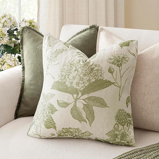 Foindtower Set of 2 Linen Floral Throw Pillow Covers Vintage Accent Print Decorative Cozy Cushion Covers Farmhouse Boho Home Decor for Sofa Chair Couch Bedroom Living Room,18×18 Inch,Light Green