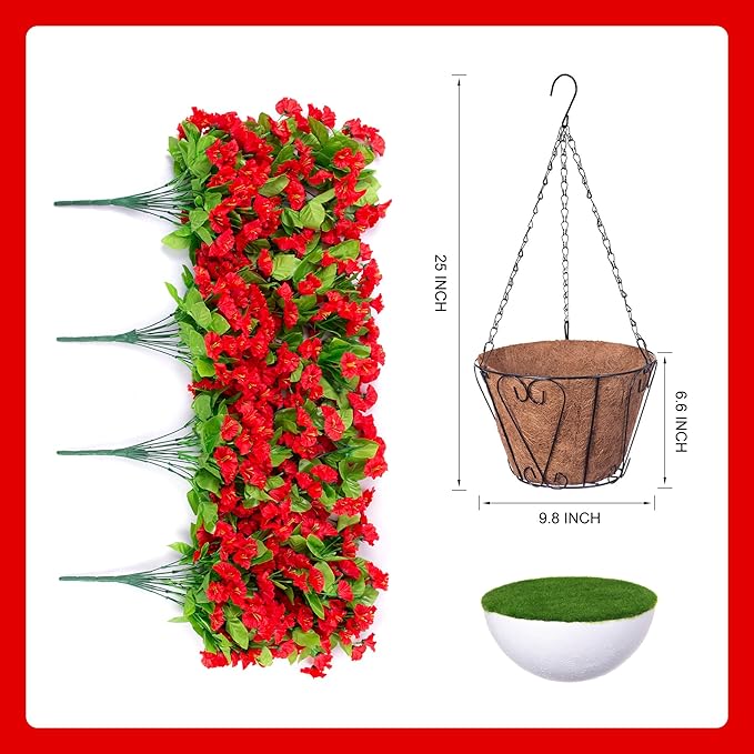 Ammyoo Artificial Faux Hanging Flowers Basket for Spring Summer Outdoor Outside Porch Decoration, Fake Silk Colorful Morning Glory Eucalyptus UV Resistant Look Real for Home Patio Balcony Yard(Red)