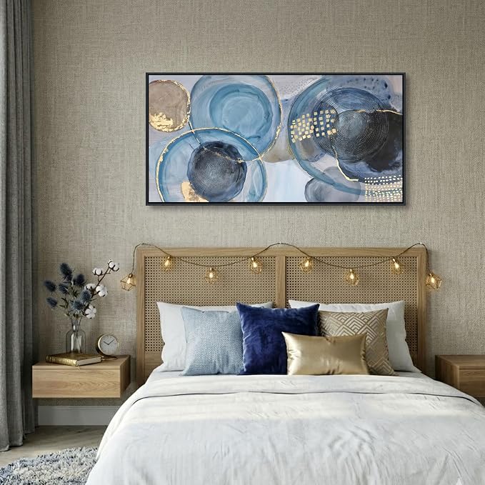 YDYSUNE Blue Abstract Geometric Circle Canvas Wall Art - 20x40 Inch Framed Modern Minimalist Painting Print, Easy to Hang Decor for Living Room, Bedroom & Office