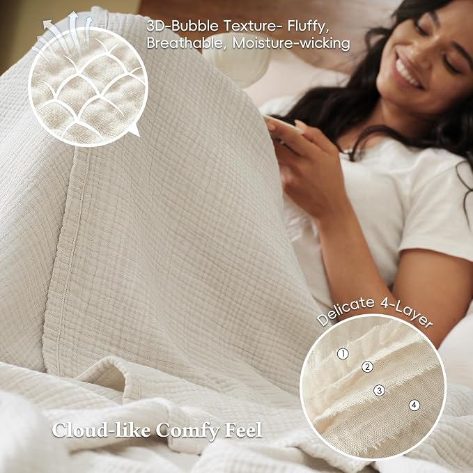 David's Home 100% Natural Cotton Muslin Blanket Queen Size, 4-Layer Soft Breathable Lightweight Comfy Cozy Throw Guaze for Hot Sleepers, 3D Bubble Room Decor for Bed Couch, Giftable, Brich, 90"x90"
