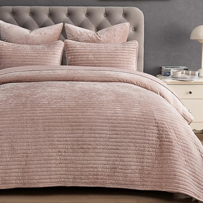 PHF Luxury Velvet Quilt Set King Size – 3PCS Ultra Soft Quilted Comforter Alternative with Striped Channel, Cozy Quilted Bedspread, 1 Coverlet with 2 Matching Shams, 108" x 92", Rose Pink