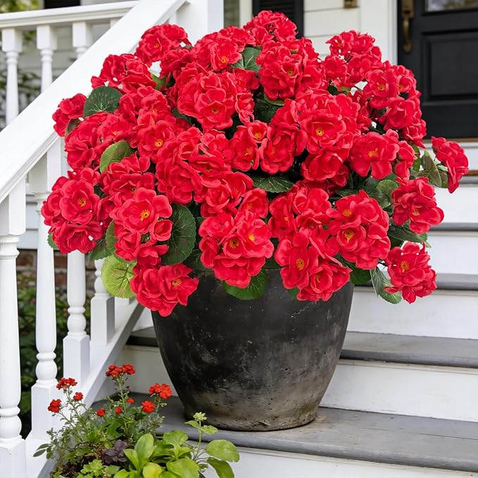 Ouddy Decor Artificial Geranium Flowers for Outdoors, Fake Silk Flowers UV Resistant Faux Geraniums for Vase Planter Garden Patio Balcony Porch Indoor Outdoor Spring Summer Home Decor, 6 Pcs Red