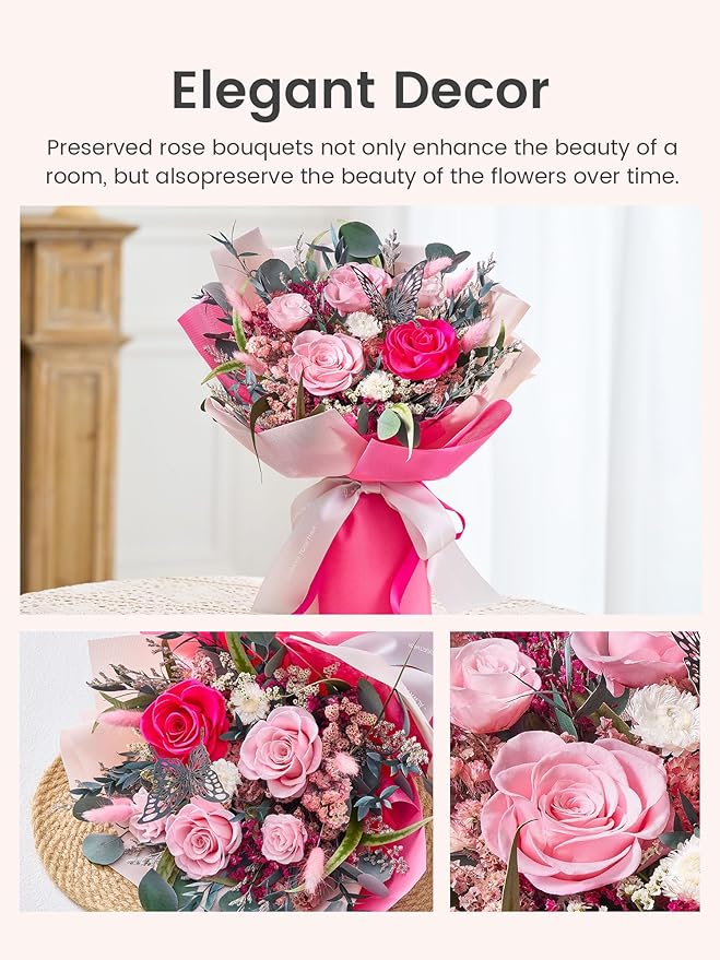 Polylove Flowers for Delivery Prime Forever Flowers Bouquet Preserved Roses Bouquet Flower Gift for Women Wife Mother Day Graduation Birthday (Hot Pink, Medium)