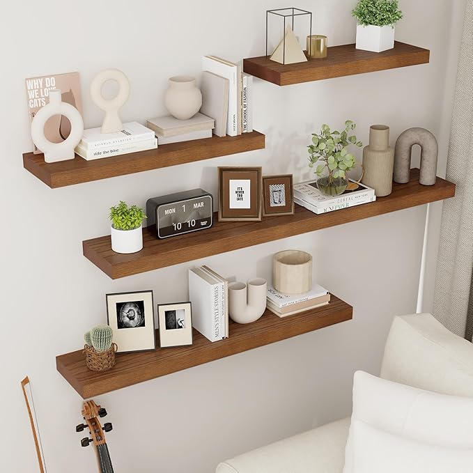 fuqing Rustic Floating Shelves, Wooden Floating Shelves for Wall Set of 3, Wall Mounted Dark Wood Shelves for Living Room Bedroom Bathroom Kitchen - Dark Walnut