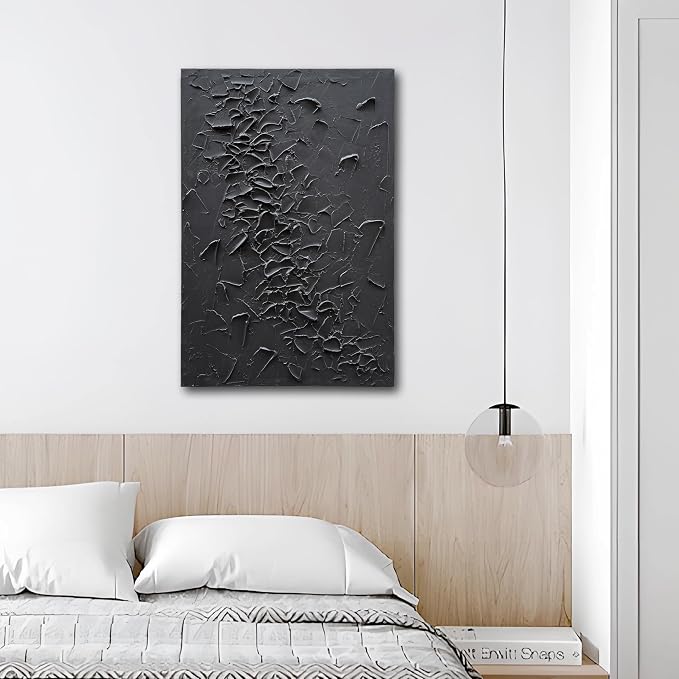 NANKAI Art Hand-Painted Black Thick Textured Abstract Painting Contemporary Minimalist Canvas Art Oil Painting Home Office Wall Decoration, 36x24 inches