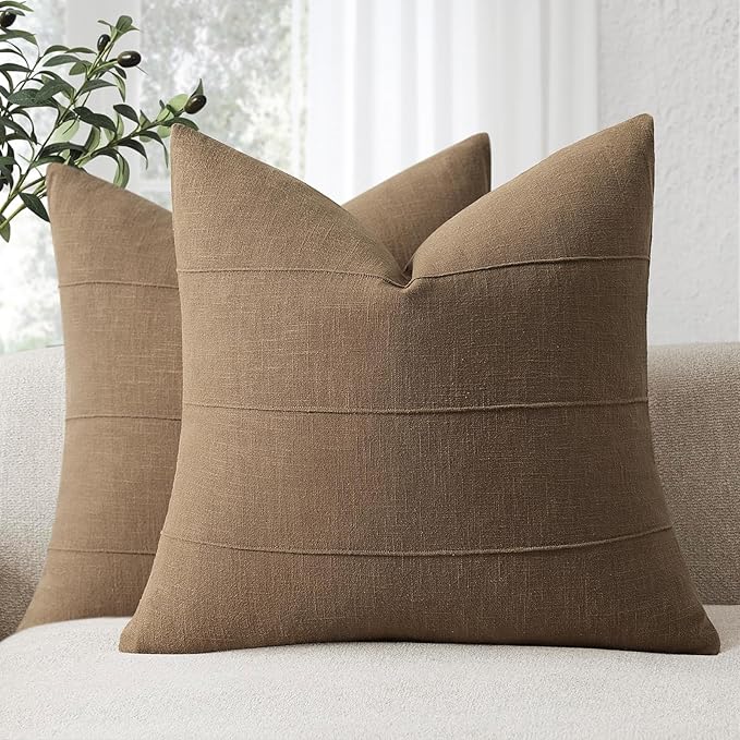 ZWJD Decorative Linen Throw Pillow Covers 16x16 Set of 2 Solid Handcrafted Striped Cushion Covers for Bed Soft Modern Farmhouse Neutral Pillowcase for Couch Bedroom Living Room Home Decor(Coco Brown)