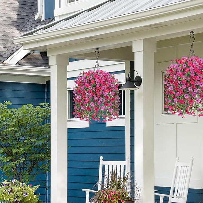 HyeFlora Artificial Hanging Flowers Basket for Outdoor, Fake Flowers Faux Plants Look Real for Yard Gardens Porch Patio Home (Purple+Hotpink)
