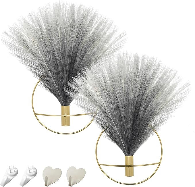 Pretty Jolly Boho Wall Decor - Hanging Artificial Pampas Display for Living Room, Bedroom, Bathroom, Dining Room - Wall-Mounted Metal Art, Plant Decor, 2 Pack Gold