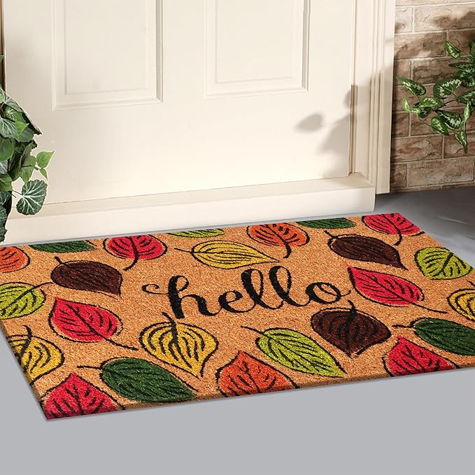 A1HC Natural Coco Coir Door Mat Hello Autumn Leaves Doormat with Heavy Duty Non-Slip PVC Backing - 18" x 30" - Easy to Clean, Welcome Mat for Home, Low-Profile Durable Doormat