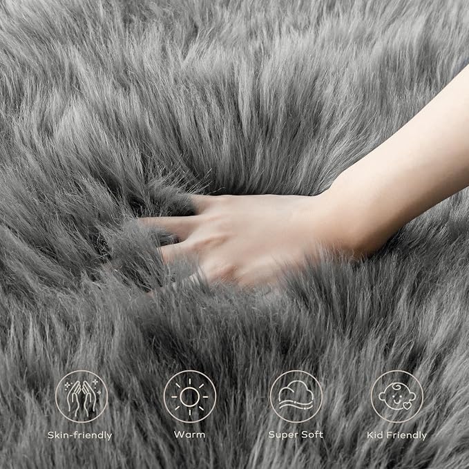 Ashler Faux Fur Rug, Fluffy Shaggy Area Rug Ultra Soft 2.3 x 3.3 Feet Sheepskin Fur Rug, Dark Grey Fuzzy Rug Machine Washable Shag Rug, Nursery Decor Throw Rugs for Bedroom, Kids Room, Living Room