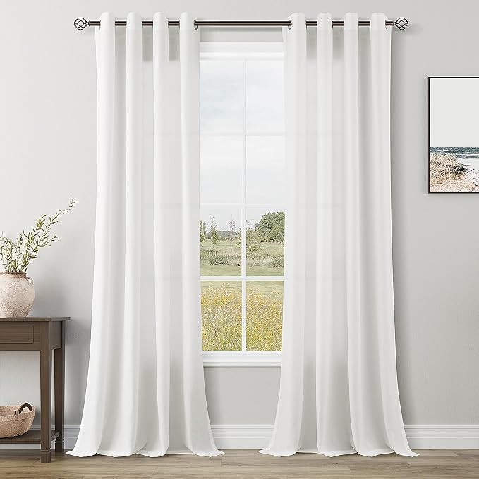 Off White Linen Curtains 96 inch Length for Living Room 2 Panels Set Soft Thick Textured Grommet Semi Sheer Light Filtering Window Curtain Burlap Look Rustic Farmhouse Home Privacy Drapes 52x96