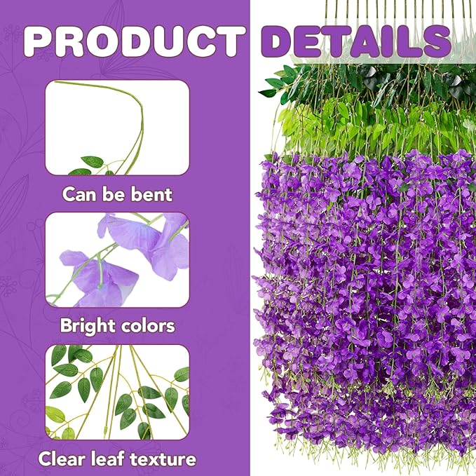 Alotiki Wisteria Hanging Flowers,50 Pack Fake Hanging Flowers,Wisteria Artificiales Garland for Home Wedding Arch Floral Party Garden Ceremony Outdoor Decor,3.6 Feet Long(50,Purple)