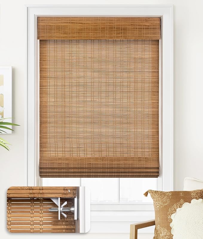 LazBlinds No Drill Bamboo Roman Shades, 30x64, Ceylon Light Russet | Light Filtering Window Treatment, No Tools Cordless Roll Up Bamboo Blinds for Window