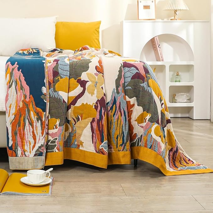 Boho Floral Butterfly Pattern Reversible Summer Cotton Blanket 90"x108" Breathable 4-Layer Gauze Muslin Blanket for Bed Couch Home Decor for All Season Thoughtful Gift for Women Men