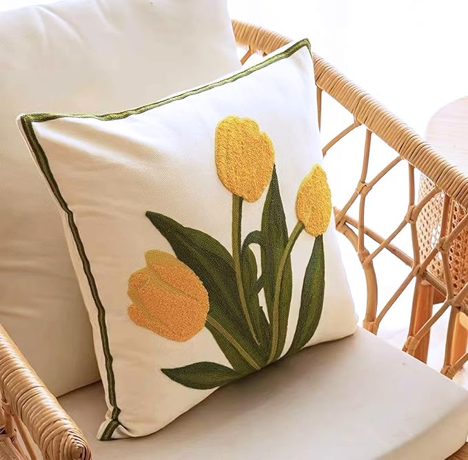 Embroidery Throw Pillow Cover 18x18 Home Decor Floor Pillow Cover for Couch Sofa Chair Gift 100% Cotton Floral Embroidered Cushion Cover Square Pillowcase 45x45cm Yellow Tulip, 1 Piece