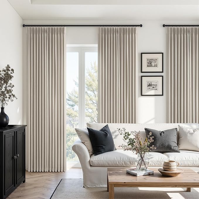 Grey Beige Linen Curtains Pinch Pleated 84 Inch Long 2 Panels for Living Room Bedroom Thick Linen Textured Semi Sheer Rustic Farmhouse Back Tab Pleat Drapes With Hooks Floor to Ceiling Curtains Greige
