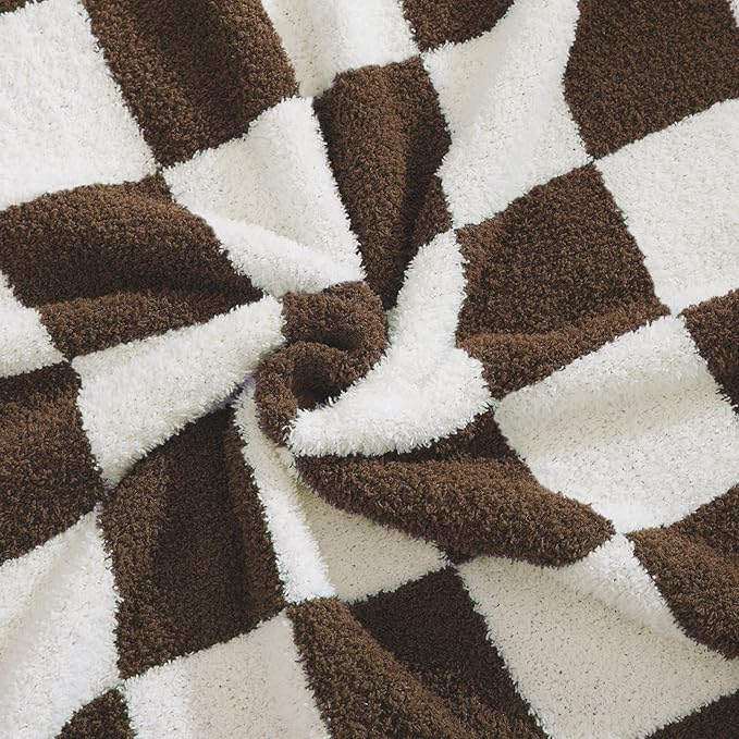 WRENSONGE Soft Twin Size Checkered Blanket for Bed-Cozy Knitted Blankets | Lightweight Fluffy Warm Decor for Women, Mom, Her & Girls, Sofa, Chair, Couch, 60x80in,Coffee