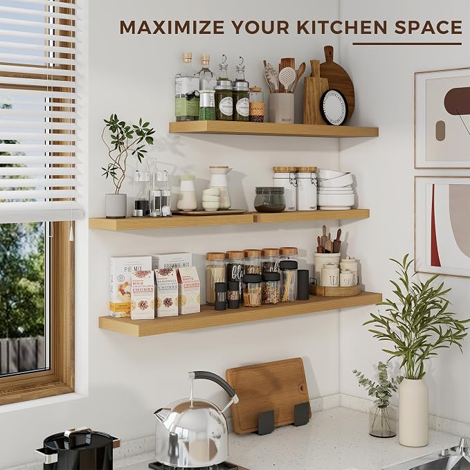 Dreamland 48Inch Oak Floating Shelves 9.3" Deep Wall Mounted Set of 2 | Wall shelves for bathroom, bedroom, kitchen, deep wall mount wood storage display for home decor 48" x 9.3"