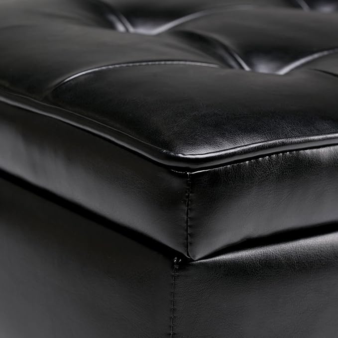 SIMPLIHOME Cosmopolitan Storage Ottoman Bench - 44 inch Wide Upholstered Vegan Leather Rectangle Storage Ottoman in Midnight Black, Transitional Bench for Bedroom with Tufted Lift-Top and Open Shelf