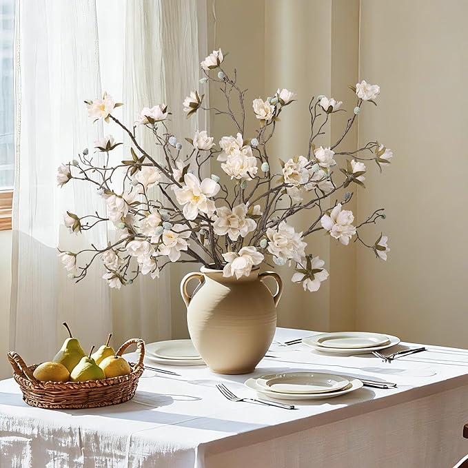 HyeFlora 3PCS Artificial Magnolia Flowers Stems for Spring Decoration, Faux Champagne Magnolia Branches with Buds, 34.5" Long Stems Floral Arrangement for Vase Pot Table Centerpiece Indoor Decor