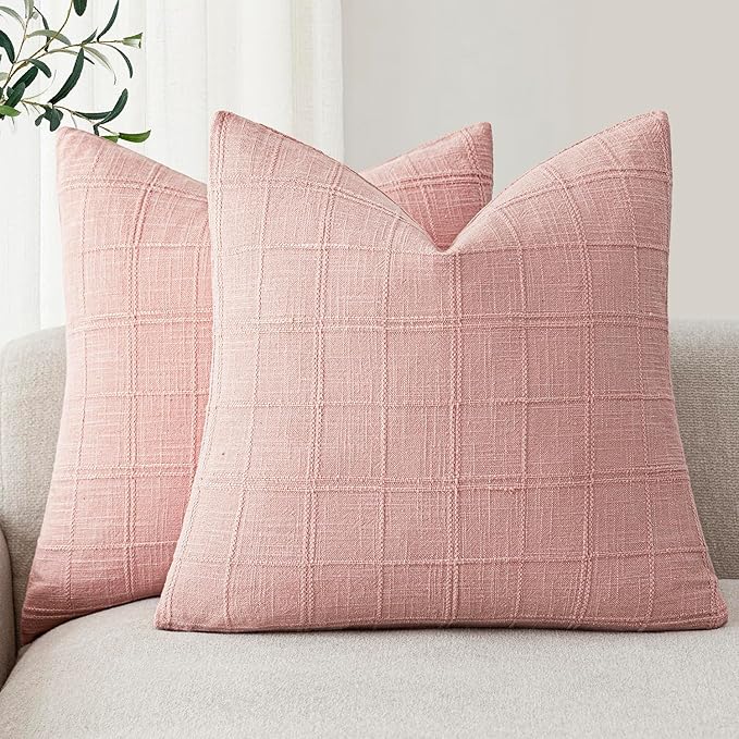 Foindtower Set of 2 Decorative Linen Check Throw Pillow Covers Neutral Farmhouse Vintage Cushion Covers Modern Boho Accent Home Decor for Sofa Chair Couch Bedroom Living Room,24×24 Inch,Light Pink
