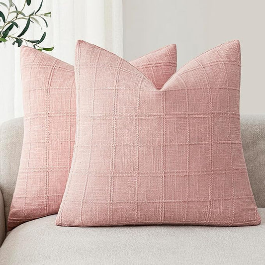 Foindtower Set of 2 Decorative Linen Check Throw Pillow Covers Neutral Farmhouse Vintage Cushion Covers Modern Boho Accent Home Decor for Sofa Chair Couch Bedroom Living Room,20×20 Inch,Light Pink