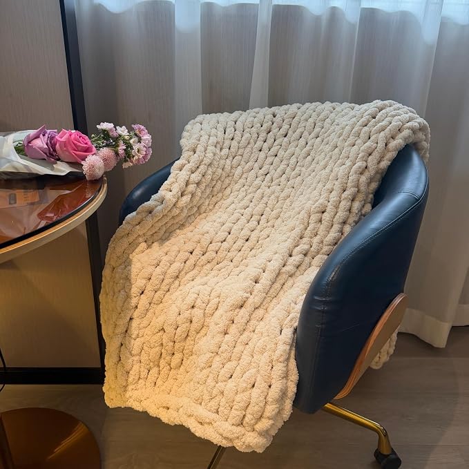 Soft Chunky Knit Throw Blanket for Couch, Cozy Warm Knitted Blankets | Hand Knit with Jumbo Chenille, Lightweight Warm Fluffy Decor for Women, Mom, Her & Girls, Sofa, Chair, Bed, 40"×40" (Beige)